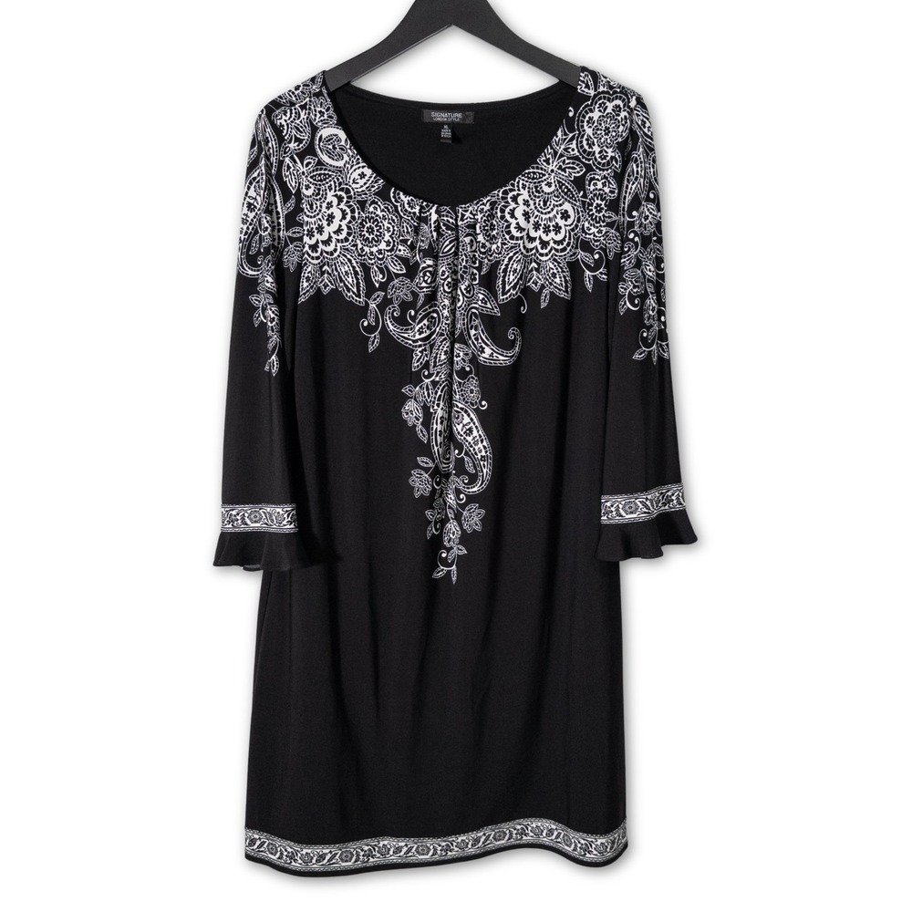 Signature London Style Dress Womens XL Black Paisley 3/4 Sleeve‎ Business Casual